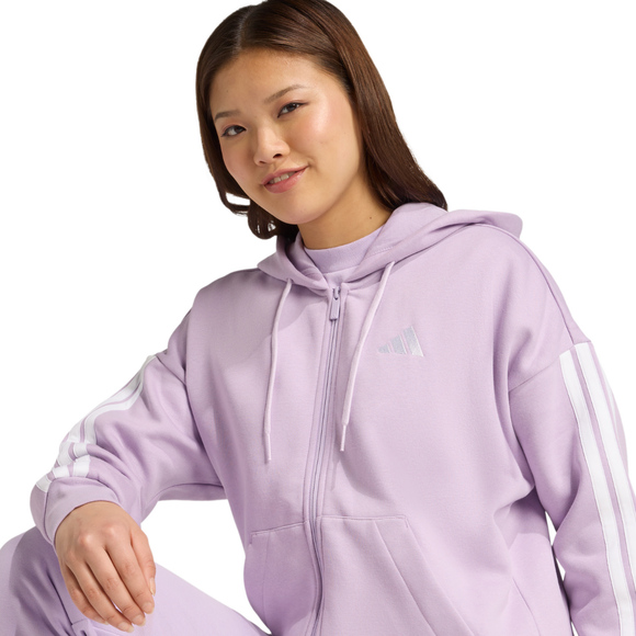 Bluza damska adidas Essentials 3-Stripes Full-Zip Fleece Hoodie fioletowa JY3080