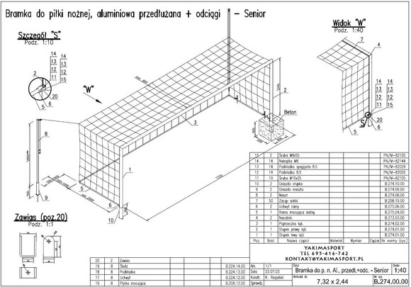 Bramka aluminiowa senior 7,32 x 2,44 m mocowana w tulejach