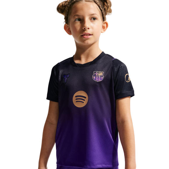 Komplet piłkarski dla dzieci Nike FC Barcelona Stadium Away 2026/27 fioletowo-czarny II1649 505
