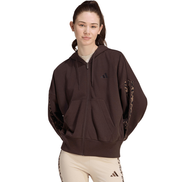 Bluza damska adidas Seasonal Essentials Animal Print 3-Stripes Full-Zip Hooded brązowa KV9299