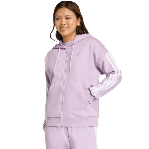 Bluza damska adidas Essentials 3-Stripes Full-Zip Fleece Hoodie fioletowa JY3080