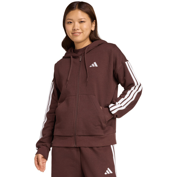 Bluza damska adidas Essentials 3-Stripes Full-Zip Fleece Hoodie brązowa JY3082