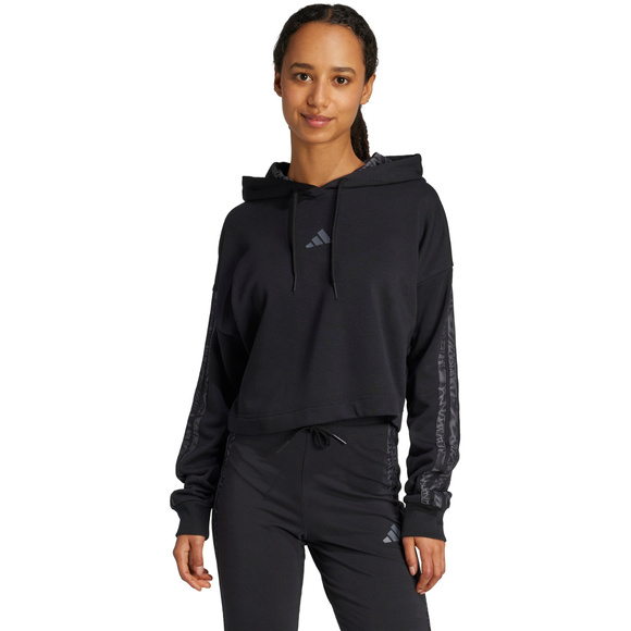 Bluza damska adidas Essentials 3 Stripes Print French Terry Hoodie czarna JC6244